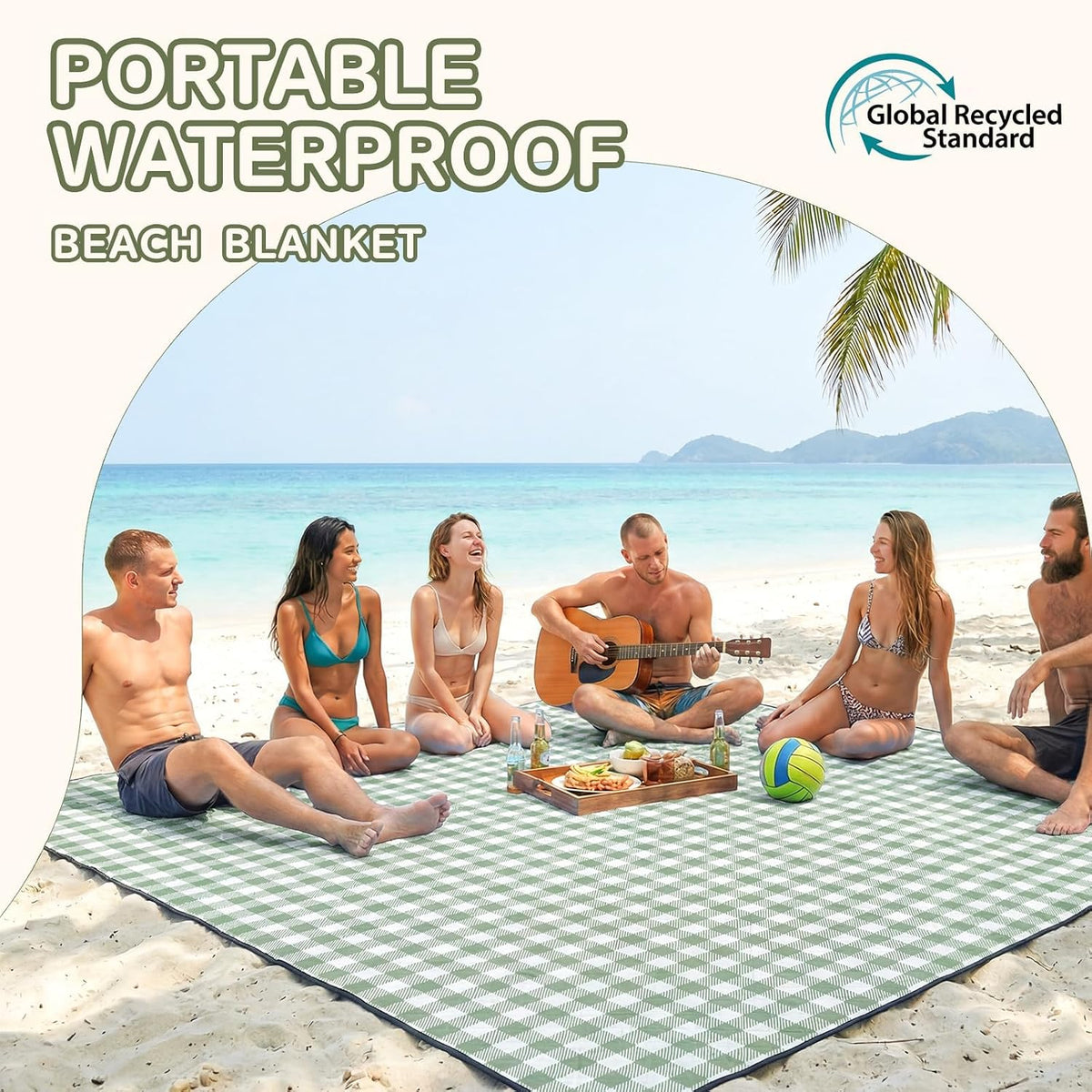 Genovega Waterproof Picnic Blanket, 80 x 80 Inch Extra Large Foldable Outdoor Blanket, Portable Beach Camping Mat with Waterproof PVC Backing, Checkered Green
