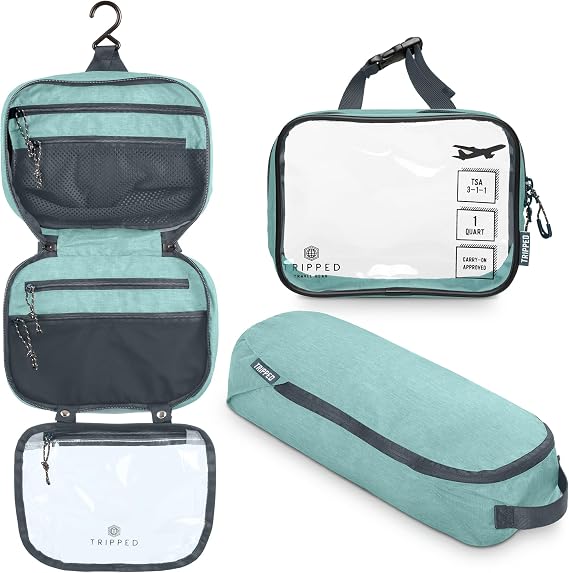 TRIPPED Travel Gear 3-Piece Travel Toiletry Bag Set Includes Hanging Toiletry Bag, 311 TSA Liquid Bag, and Accessory Organizer Pouch with Lightweight Ripstop Construction
