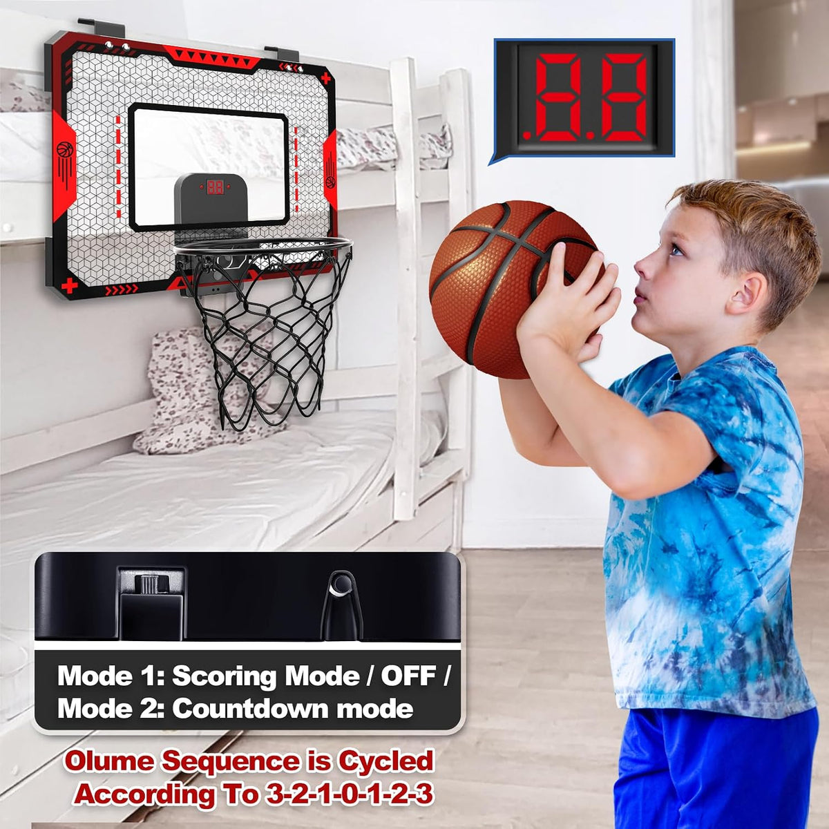 GMAOPHY Mini Basketball Hoop for Kids, Over-the-Door Indoor Basketball Hoop with Electronic Scoreboard, 3 Balls & Pump, Foldable Basketball Set, Red