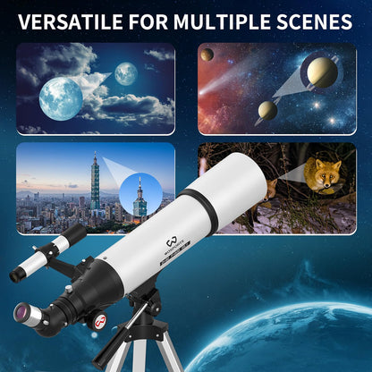 WOSPORTS 90mm Telescope for Adults & Beginners, 600mm Refractor Telescope with 180X Magnification, 10mm & 25mm Eyepieces, Adjustable Tripod, Phone Adapter & Carrying Case