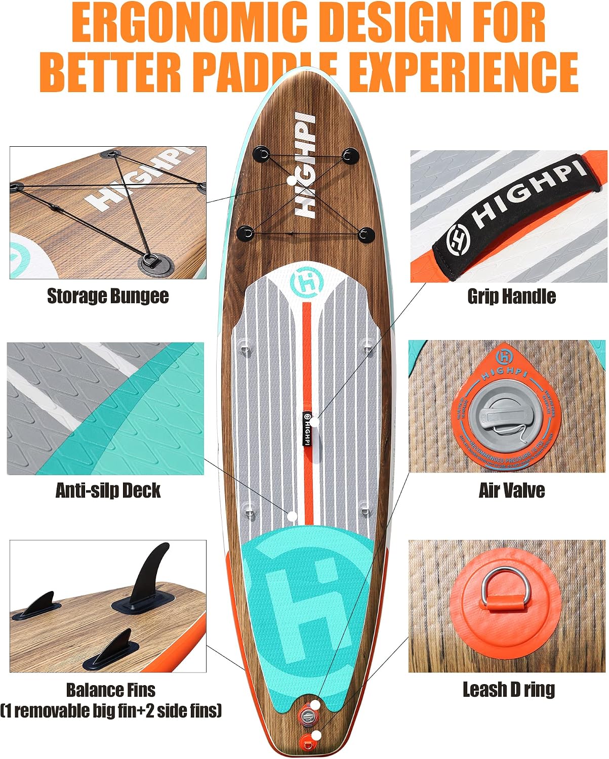 Highpi Inflatable Stand Up Paddle Board for Youth and Adults, 11-Foot Wide SUP with Premium Accessories, 350 lb Capacity, EVA Non-Slip Deck, Classic Wood