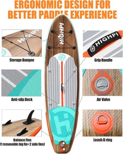 Highpi Inflatable Stand Up Paddle Board for Youth and Adults, 11-Foot Wide SUP with Premium Accessories, 350 lb Capacity, EVA Non-Slip Deck, Classic Wood