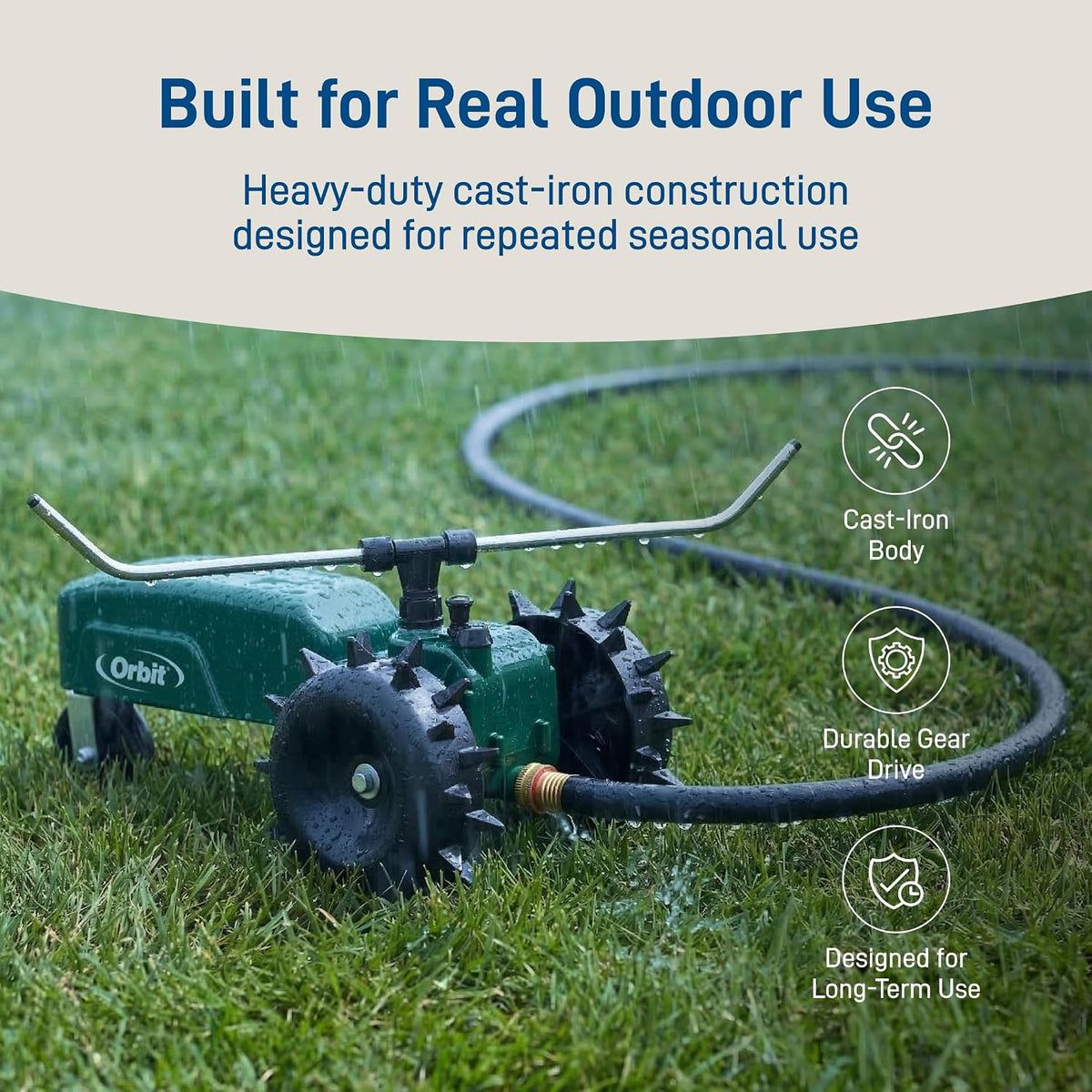Orbit Traveling Tractor Water Sprinkler - Self-Propelled Traveling Sprinkler for Wide Lawn Coverage - Cast-Iron Body with Adjustable Coverage - Three-Speed - Automatic Shut Off - 58322