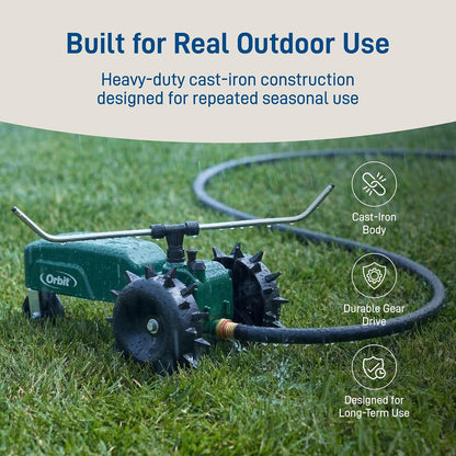 Orbit Traveling Tractor Water Sprinkler - Self-Propelled Traveling Sprinkler for Wide Lawn Coverage - Cast-Iron Body with Adjustable Coverage - Three-Speed - Automatic Shut Off - 58322