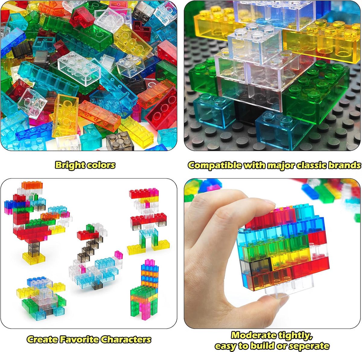 CONVENTEJOY 400-Piece Translucent Building Bricks, 9-Color Crystal-Clear Classic Building Block Set, Compatible Construction Toy for Kids Ages 6+, Educational STEM Toy