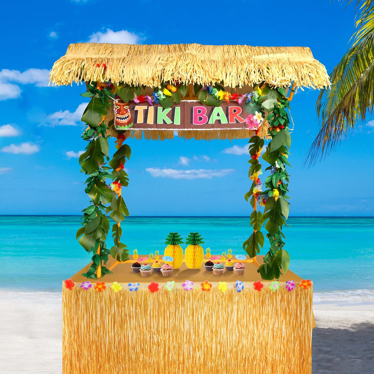 Auihiay 50-Piece Tiki Bar Hut Kit, Hawaiian Luau Party Decorations with Tiki Bar Roof, Banner, Flower Garland, Palm Leaves, Table Skirt & Tablecloth, Yellow