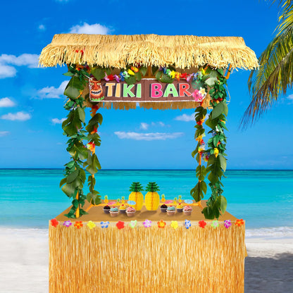 Auihiay 50-Piece Tiki Bar Hut Kit, Hawaiian Luau Party Decorations with Tiki Bar Roof, Banner, Flower Garland, Palm Leaves, Table Skirt & Tablecloth, Yellow