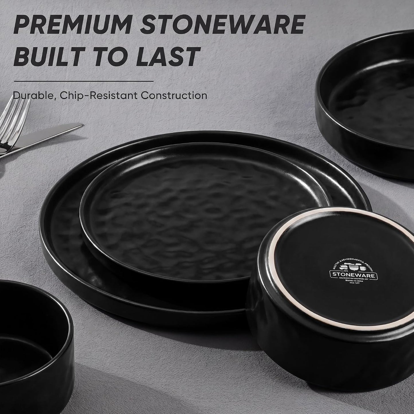 E-far Black Plates and Bowls Sets, 12-Piece Stoneware Dinnerware Set for 4 Modern Ripple Design Dishes Set for Kitchen Dining, Chip & Scratch Resistant, Microwave & Dishwasher Safe, Matte Black