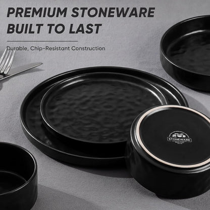 E-far Black Plates and Bowls Sets, 12-Piece Stoneware Dinnerware Set for 4 Modern Ripple Design Dishes Set for Kitchen Dining, Chip & Scratch Resistant, Microwave & Dishwasher Safe, Matte Black