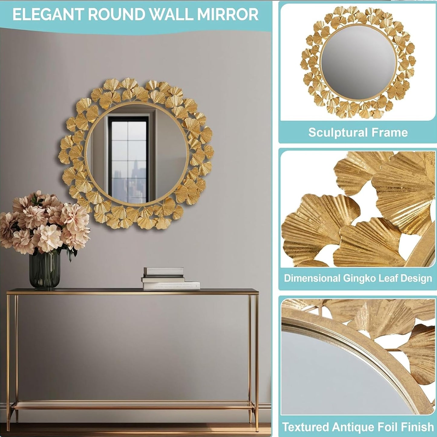 Martha Stewart Wall Décor Large Gingko Leaf Round Wall Mirror for Living Room, Iron Metal Plate Frame Antique Finish, Ready to Hang Bedroom Decoration, Eden, 30.5", Gold