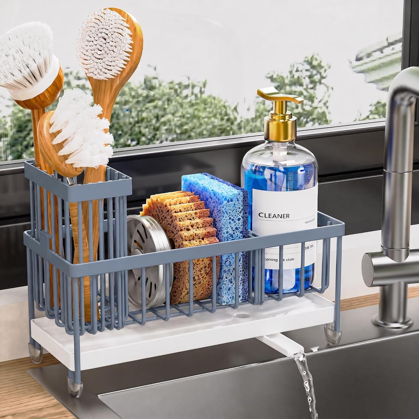 Cisily Kitchen Sink Sponge Holder & Brush Organizer Black