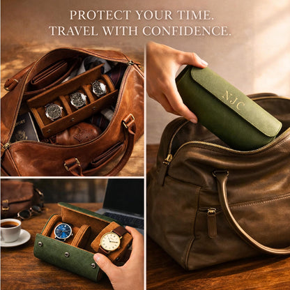 KORDELIA Personalized Leather Watch Case for Men, Custom Engraved Watch Roll & Jewelry Organizer with Velvet Interior, Travel Watch Holder Gift for Him