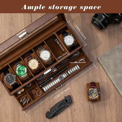 ProCase Watch Box, 6-Slot Watch Display Case with Drawer, 2-Layer Glass Lid Watch Organizer with Faux Leather & Velvet Interior, Espresso