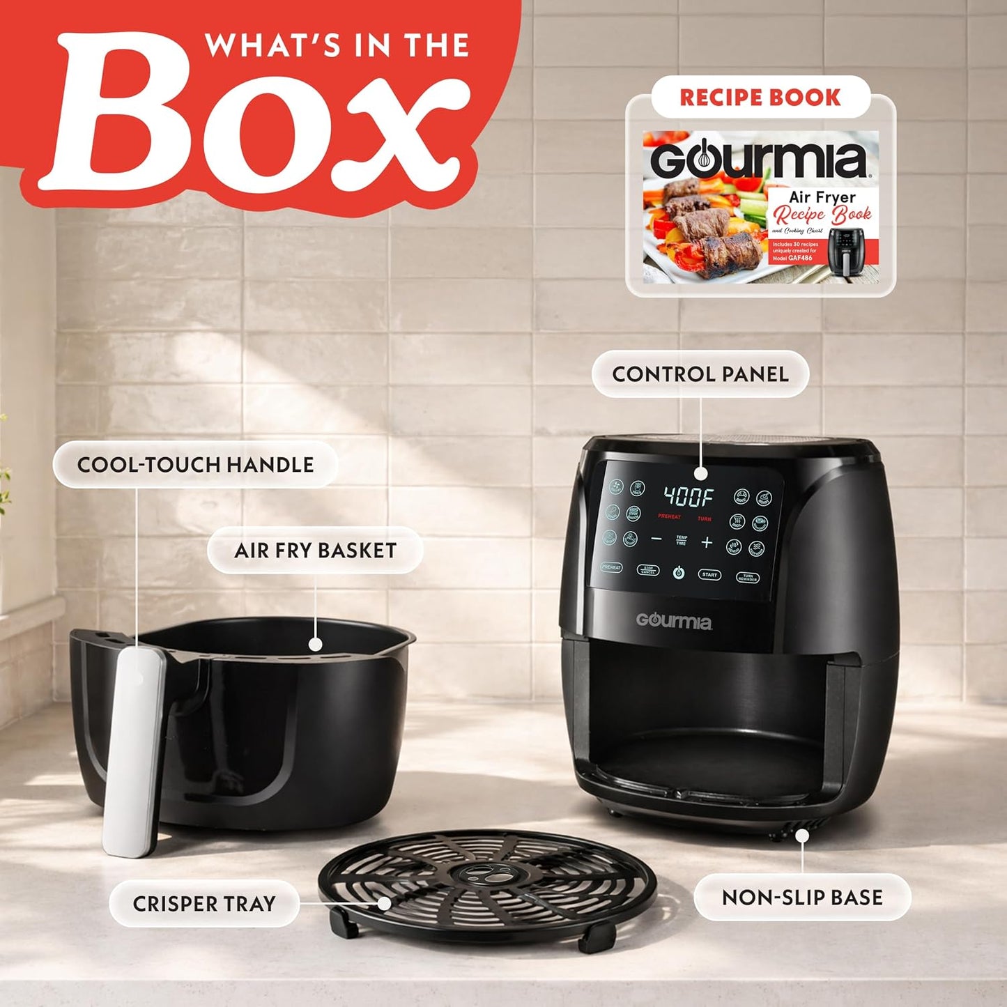 Gourmia Air Fryer - 4 Qt Basket Capacity, 12 Cooking Presets, Black Digital Display, Touch Controls, 90–400°F Adjustable Temperature, Dishwasher-Safe Basket & Crisper Tray