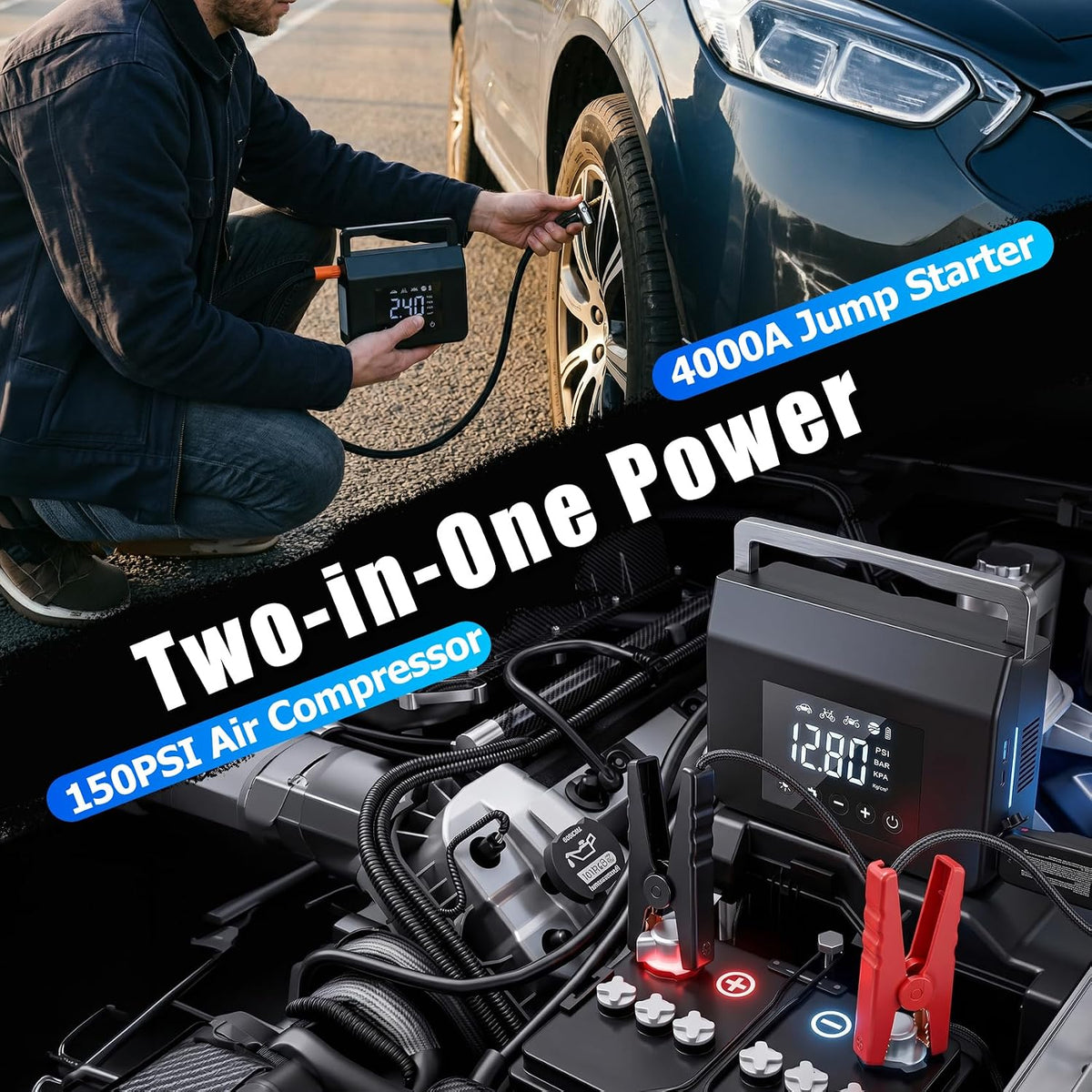 4000A Jump Starter with Air Compressor, 4-in-1 Portable Car Battery Booster & 150PSI Tire Inflator, 12V Jump Box Power Bank for Up to 8.0L Gas / 7.0L Diesel Engines with LED Flashlight
