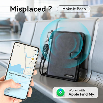 Trackable Passport Holder for Travel, RFID Blocking Wallet, Black Premium Pebbled PU Leather Cover, Works with Apple Find My, Is MFi Certified, for iOS Devices Only, with Card Slots & Lanyard
