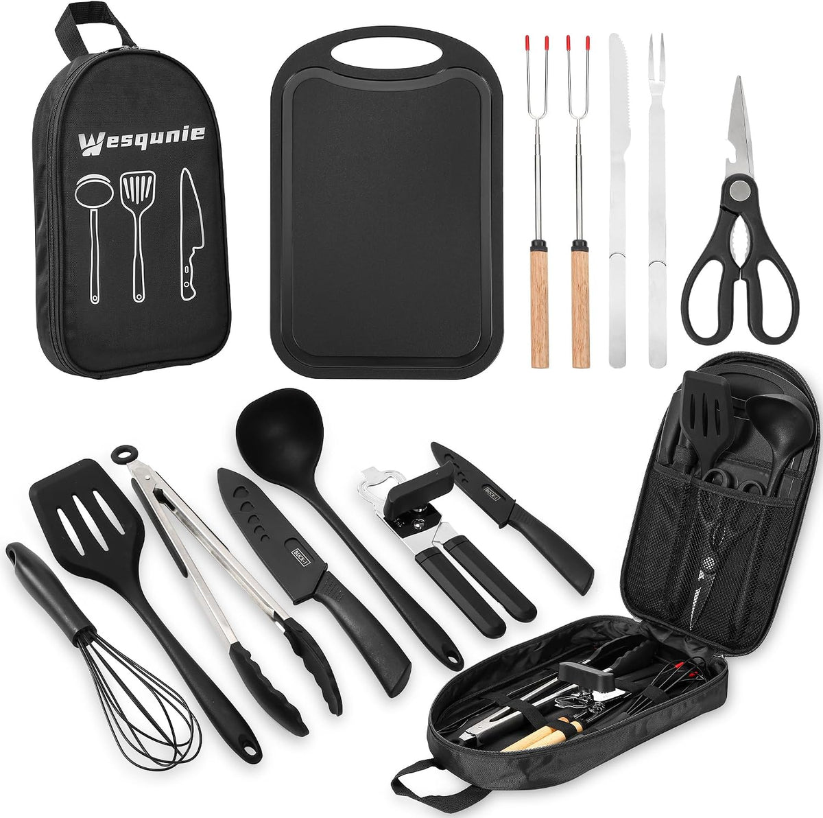 Wesqunie Camping Cooking Utensils Set, Cookware Set for Outdoor Hiking BBQ Stainless Steel & Silicone Mess Kit, Durable Outdoor Kitchen Gear for Hiking, RV, Picnic Grill & Travel Camping Meal Prep