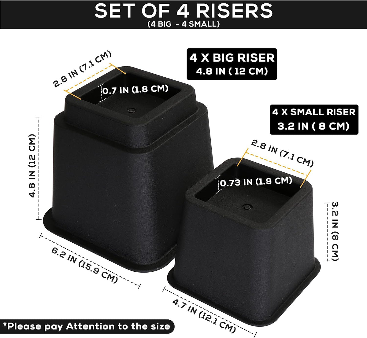 Utopia Bedding Bed Riser, 3 & 5 Inches Adjustable Furniture Risers for 8 Inch Combined Furniture Lift, Under Bed Storage & Dorm Room Essential, Supports Up to 1,300 lbs (36 Set, Black)