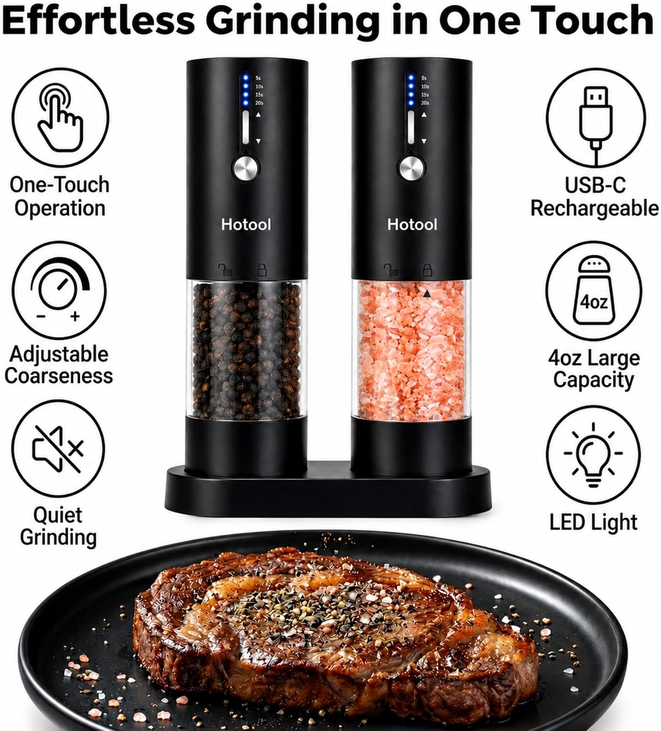 Hotool Electric Salt and Pepper Grinder Set, 4oz