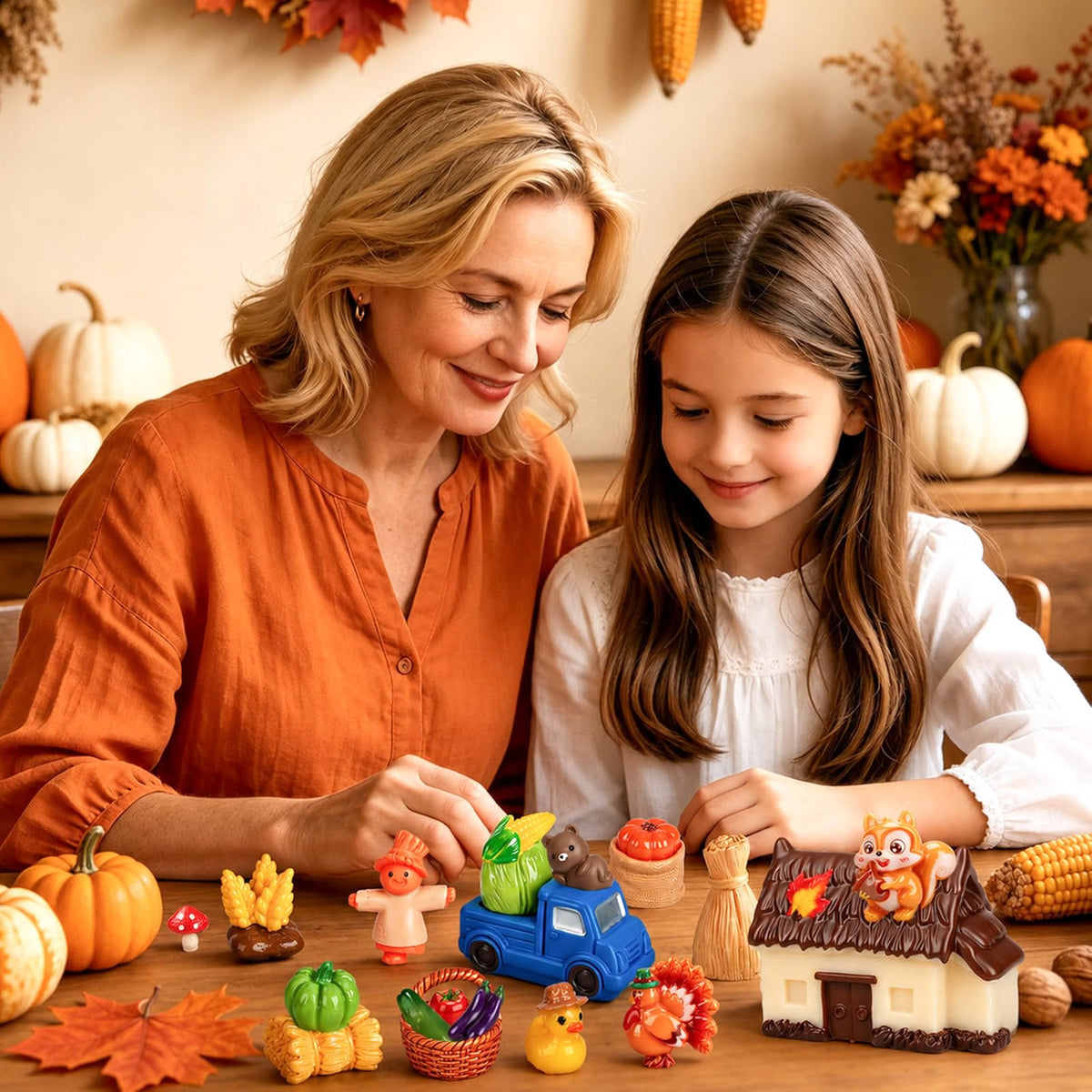 QAUYETM 50-Piece Fall Thanksgiving Mini Resin Figurines, Autumn Farm Village Decor with Pumpkins, Turkeys, Scarecrows & Harvest Accessories for Dollhouse, Garden & Table