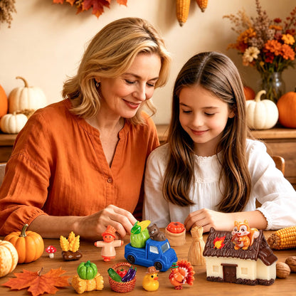 QAUYETM 50-Piece Fall Thanksgiving Mini Resin Figurines, Autumn Farm Village Decor with Pumpkins, Turkeys, Scarecrows & Harvest Accessories for Dollhouse, Garden & Table