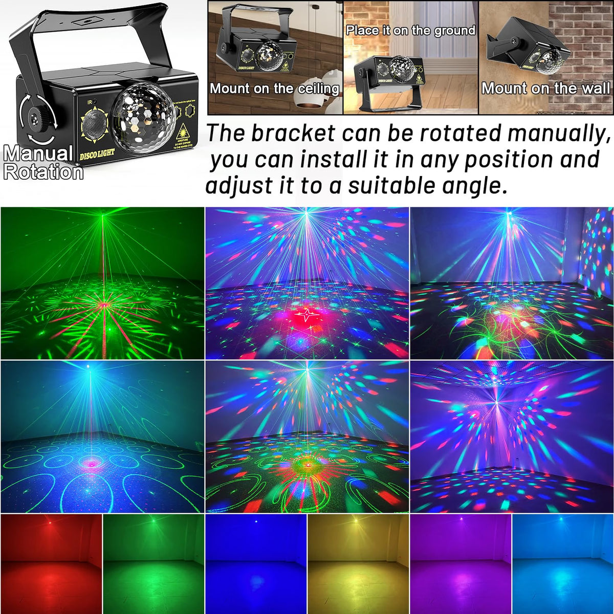 OIEZISRO 3-in-1 Disco Party Light, Sound Activated DJ Disco Ball & Strobe Stage Light with RGB LED Effects, Remote Control, Wall & Ceiling Mount, Black