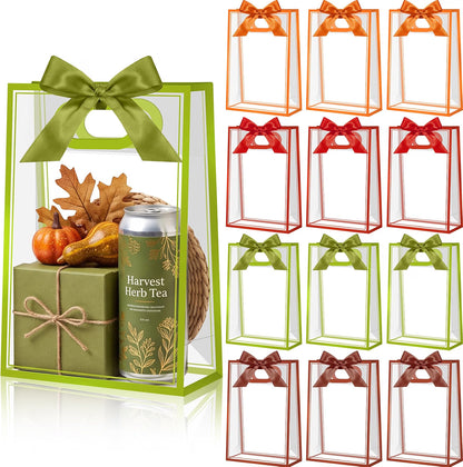 Mooliwe 12-Pack Fall Clear Plastic Gift Bags with Handles and Ribbons, Thanksgiving Goodie Bags for Candy, Small Gifts, Party Favors & Autumn Events