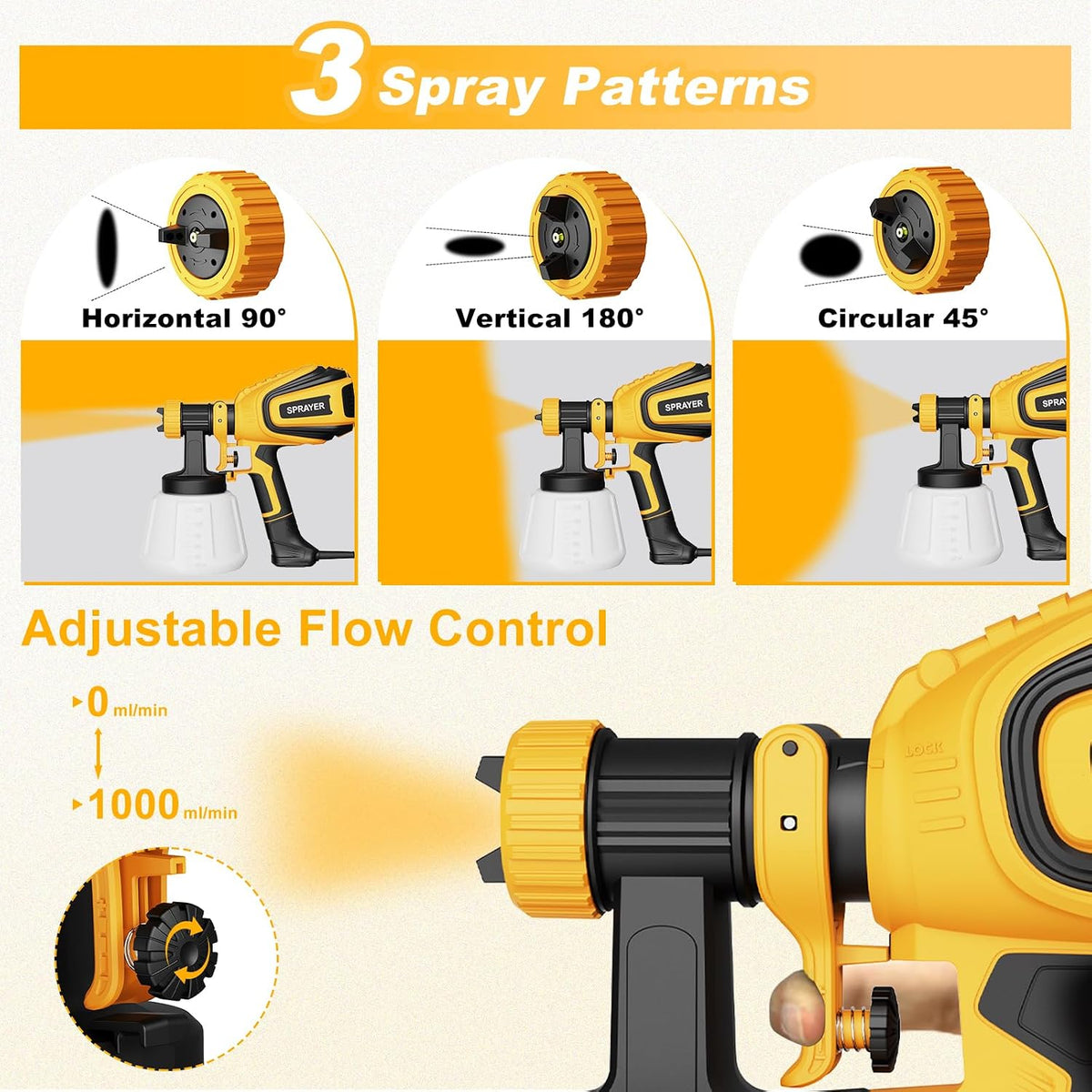 VONFORN Paint Sprayer, 700W Spray Paint Gun with 4 Nozzles & 3 Patterns with Cleaning & Blowing Joints, Easy to Clean, for Furniture, Cabinets, Fence, Walls, Door, Garden Chairs etc. Yellow