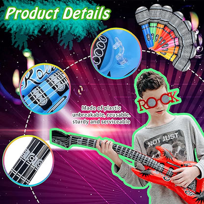 NICOWARM Rock Star Party Sunglasses & Inflatable Props Set, 8 Funny Music Glasses, 8 Inflatable Guitars & 8 Microphones with Hand Inflator, 24-Piece Rock and Roll Party Kit
