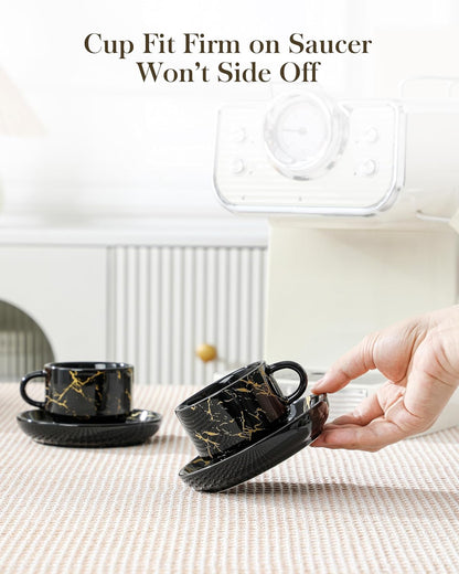 MALACASA Porcelain Espresso Cups Set of 4, with Saucers and Metal Stand, 4 Ounce Stackable Cappuccino Cups, Expresso Shots Cup Ceramic Demitasse Mugs, Marble Black