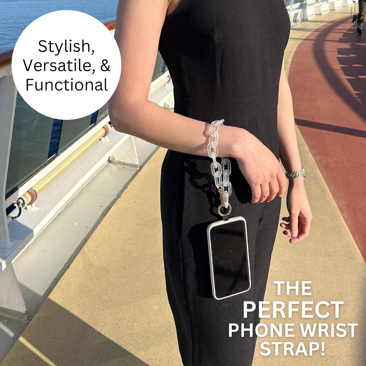 Save the Girls Clip & Go Phone Chain Crossbody with Wallet for Women, White Crossbody Cell Phone Chain Strap with Zippered Wallet Pouch. Adjustable, Anti-Theft Hands-Free Phone Holder for Women.