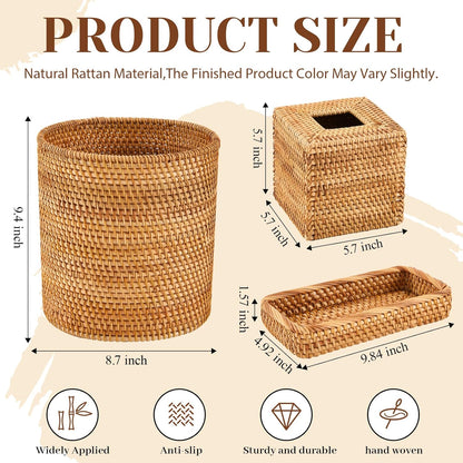 Teenyyou 3 Pcs Rattan Bathroom Accessories Set Wicker Trash Can, Natural Handwoven Trash Can Waste Paper Basket, Square Tissue Box Holder Toilet Vanity Tray, for Kitchen Office Organizer Decorative