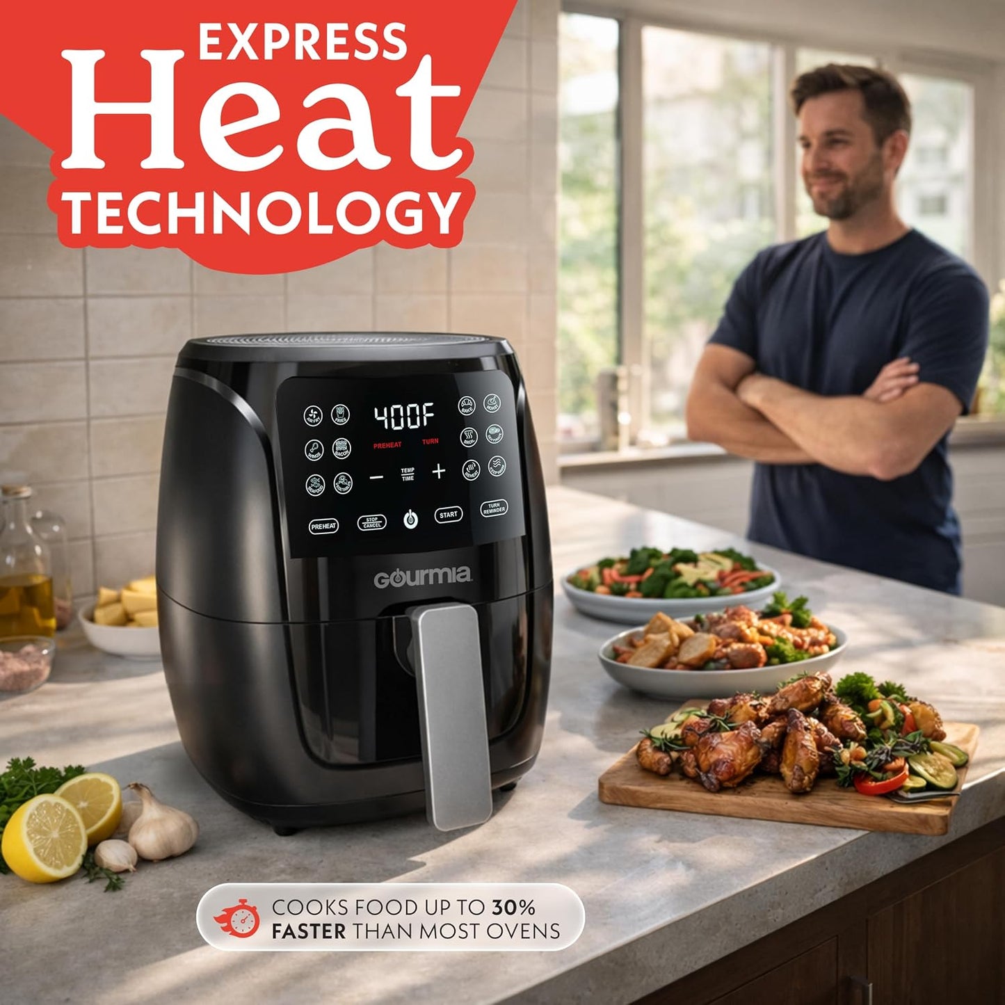 Gourmia Air Fryer - 4 Qt Basket Capacity, 12 Cooking Presets, Black Digital Display, Touch Controls, 90–400°F Adjustable Temperature, Dishwasher-Safe Basket & Crisper Tray