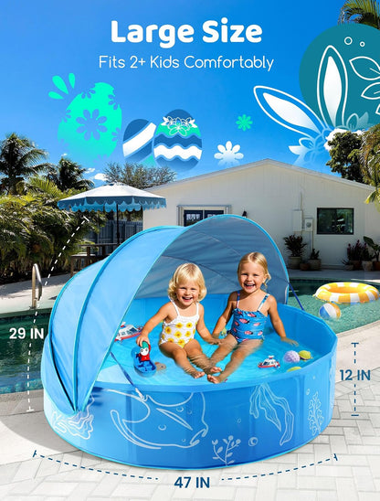 Foldable Kiddie Pool with Canopy 47" x 47" x 12", Portable Baby and Toddler Swimming Pool with Removable Sunshade, Round Water Play Pool for Kids and Dogs, Backyard Beach Pool, Blue