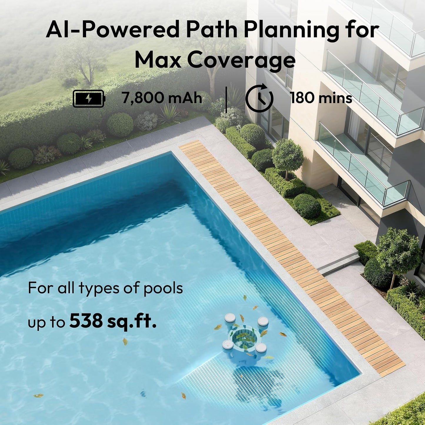 BUBLUE F10 Robotic Pool Surface Skimmer – App Controlled AI Navigation Pool Cleaner, Space White