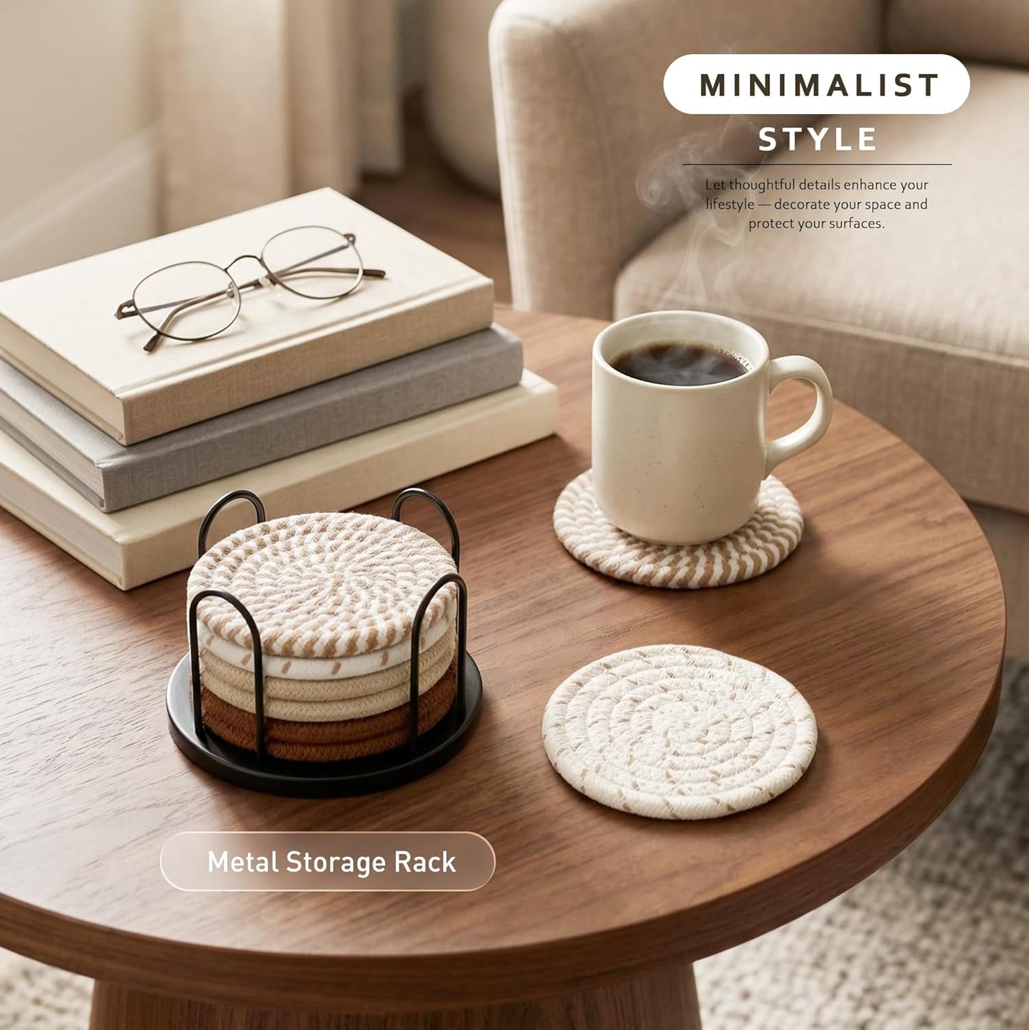 Lazebox Coasters Set of 8, 4-Inch Round Cotton Drink Coasters with Holder, Coffee