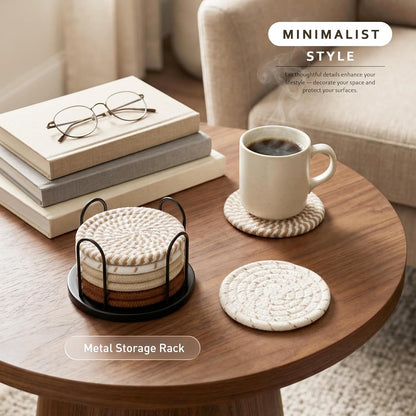 Lazebox Coasters Set of 8, 4-Inch Round Cotton Drink Coasters with Holder, Coffee