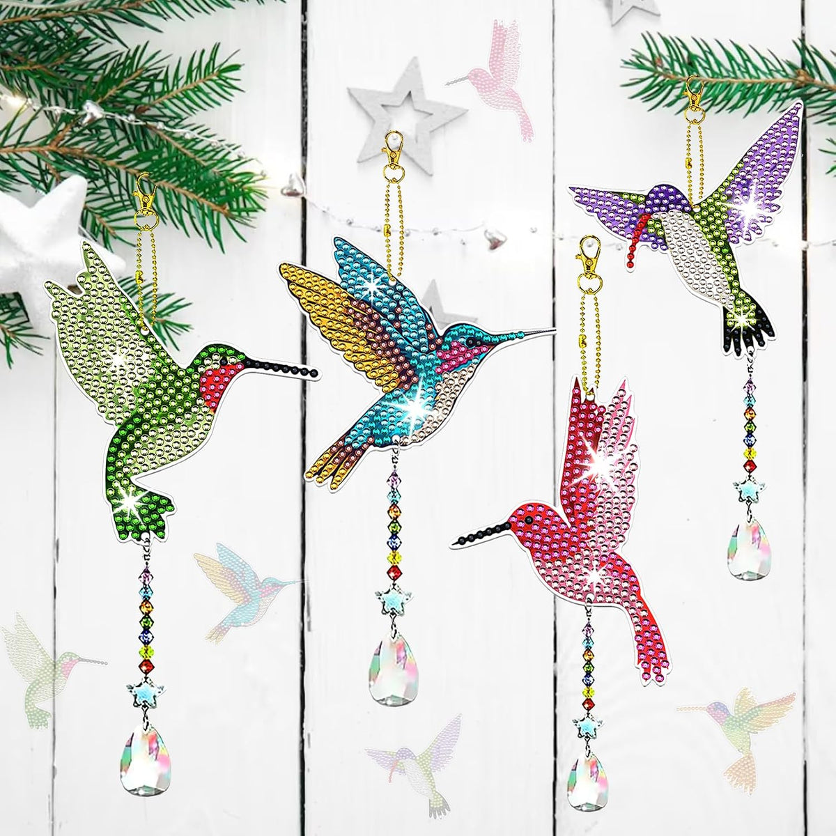 JeCuiK 6-Piece Hummingbird Diamond Painting Wind Chime Suncatcher, Double-Sided 5D DIY Diamond Art Hanging Ornaments with Rhinestones & Craft Accessories