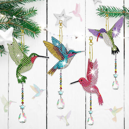 JeCuiK 6-Piece Hummingbird Diamond Painting Wind Chime Suncatcher, Double-Sided 5D DIY Diamond Art Hanging Ornaments with Rhinestones & Craft Accessories