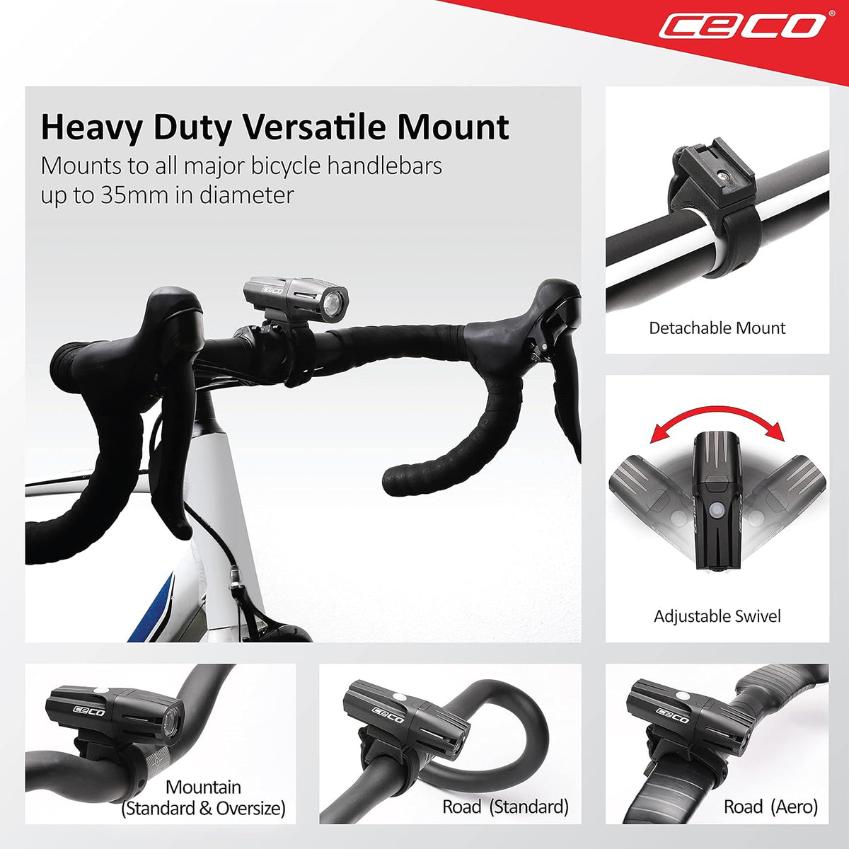 CECO F1200 1200-Lumen USB Rechargeable Bike Light, IP67 Waterproof & FL-1 Impact Resistant Bicycle Headlight with Flexible Handlebar Mount, 14 Modes, Black