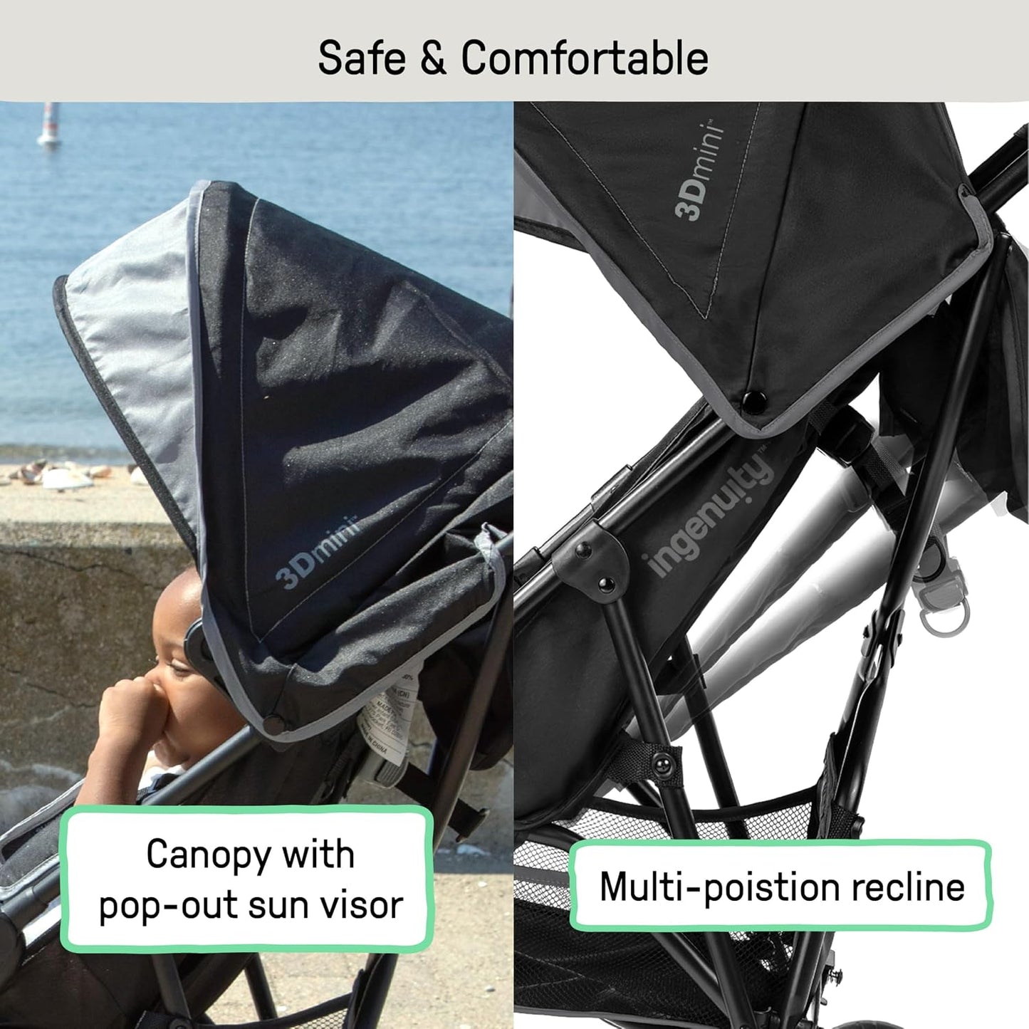 Ingenuity 3D Mini Convenience Stroller, Lightweight Umbrella Stroller with Compact Fold, Gray