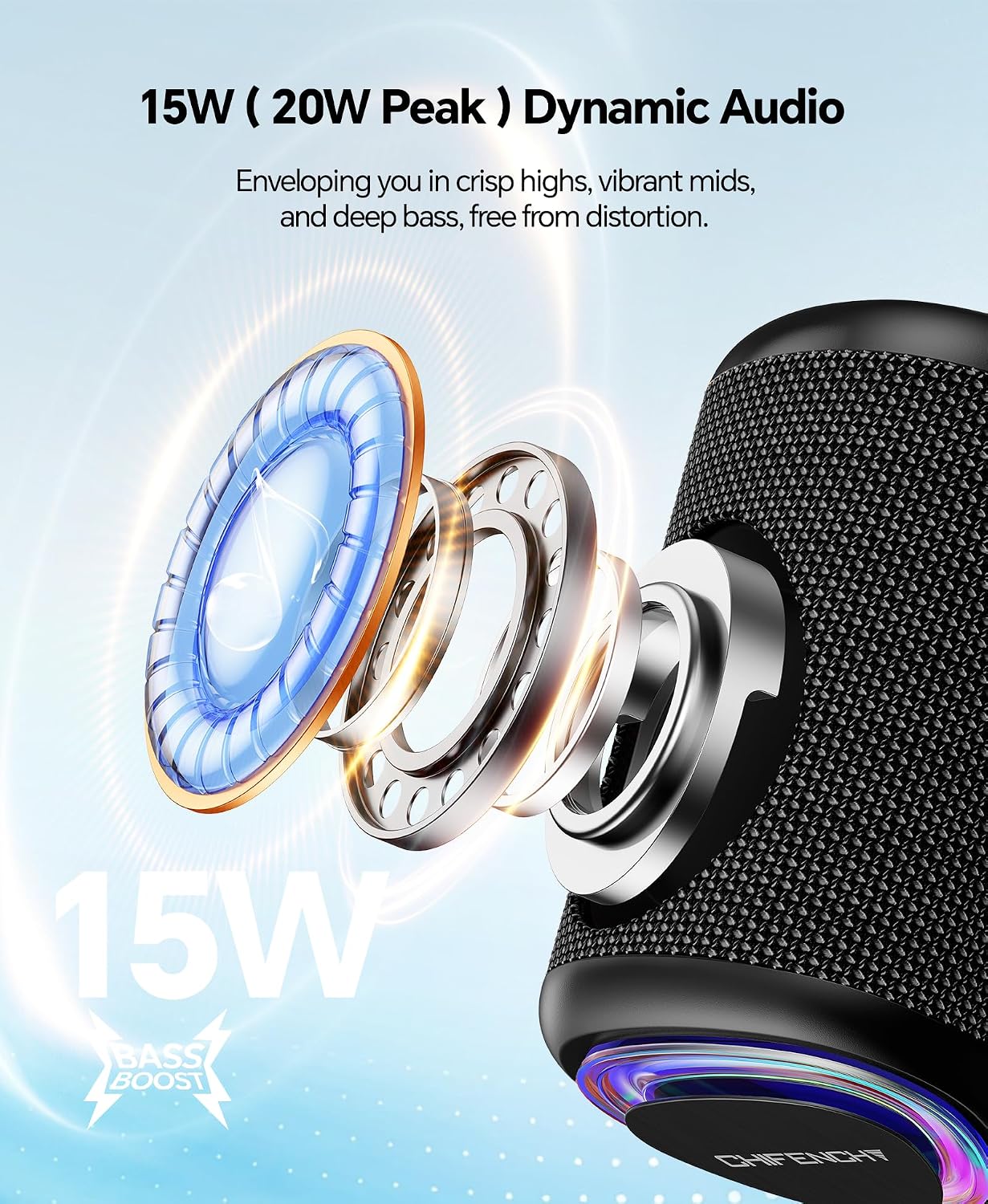 Portable Bluetooth Speaker, IPX5 Waterproof Outdoor Wireless Speaker with LED Lights, Bluetooth 5.3, 15W Sound, TWS Pairing & 15-Hour Battery
