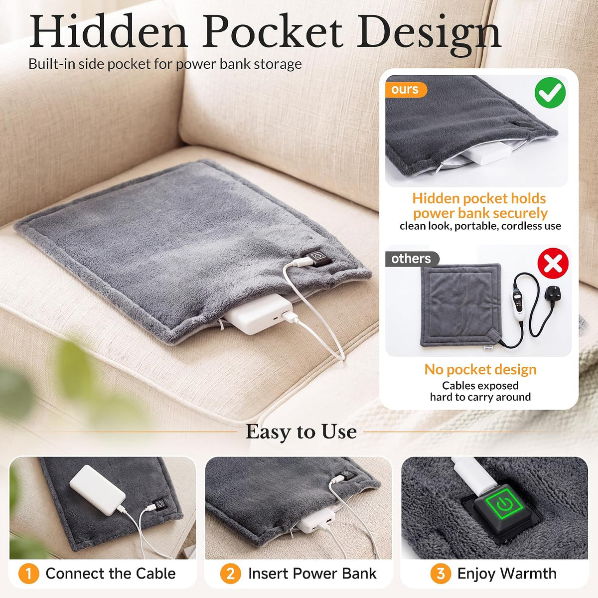 USB Mini Heating Pad for Travel with 3 Heat Settings & Auto Off