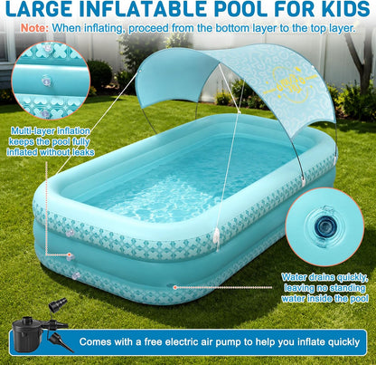 Kiddie Pool with Canopy, Extra Large Inflatable Swimming Pool with Sunshade, Reinforced PVC Family Pool with Drain Hole for Backyard, Beach and Outdoor Use
