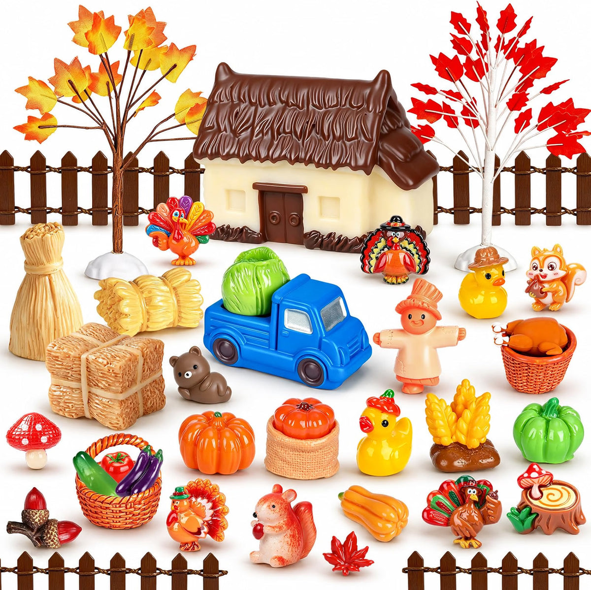 QAUYETM 50-Piece Fall Thanksgiving Mini Resin Figurines, Autumn Farm Village Decor with Pumpkins, Turkeys, Scarecrows & Harvest Accessories for Dollhouse, Garden & Table