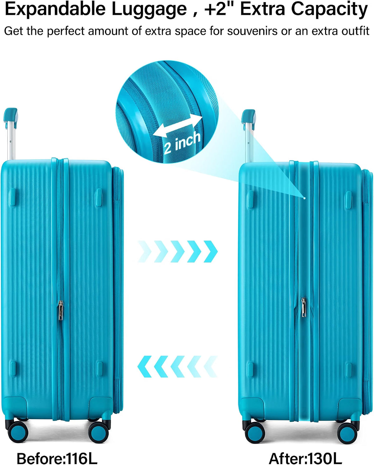 Hanke 28-Inch Expandable Luggage with Spinner Wheels, Top-Opening Hard Shell Suitcase with Cup Holder, TSA Lock, USB Port & 130L Capacity, Caribbean Blue