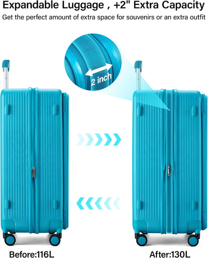 Hanke 28-Inch Expandable Luggage with Spinner Wheels, Top-Opening Hard Shell Suitcase with Cup Holder, TSA Lock, USB Port & 130L Capacity, Caribbean Blue
