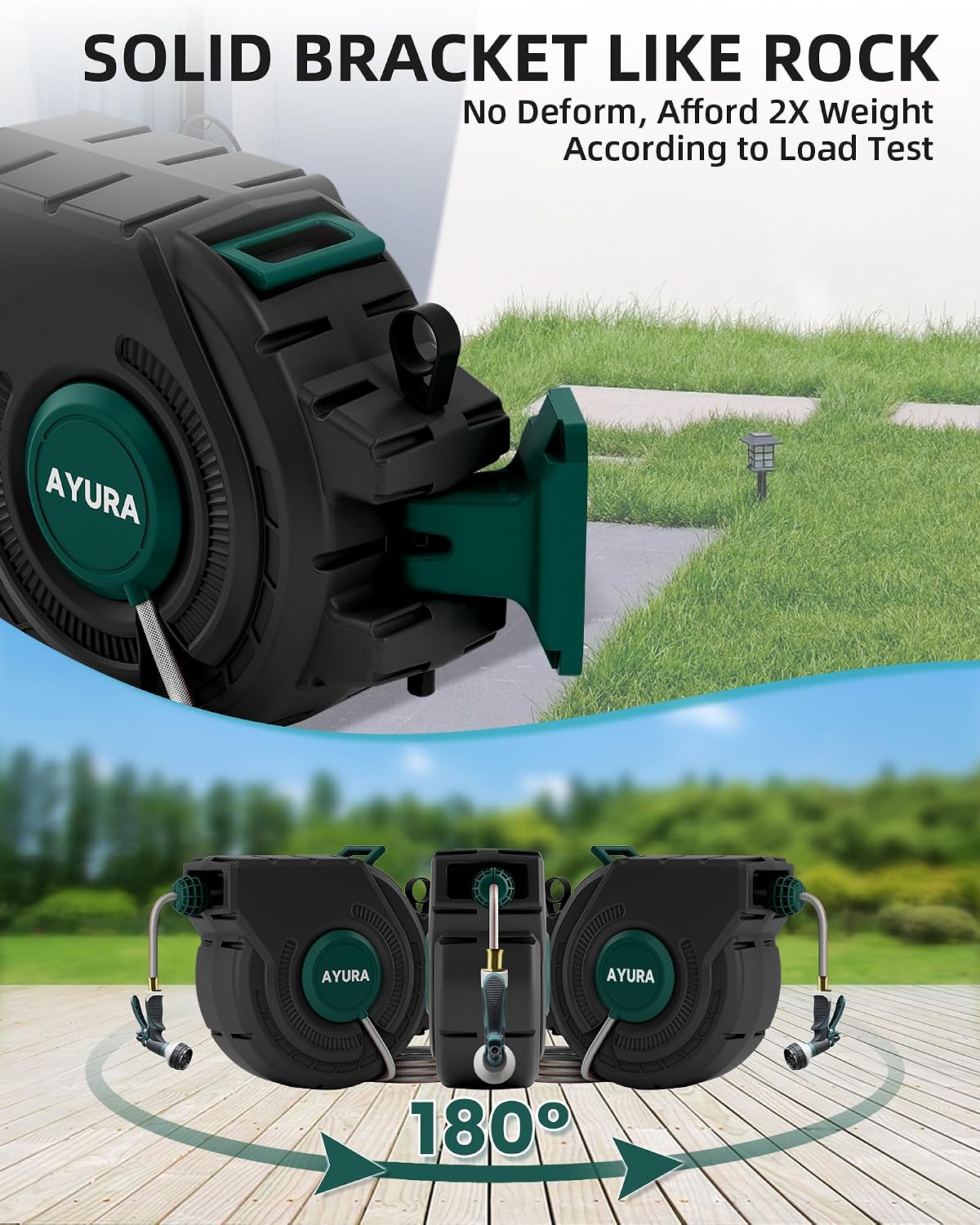 Retractable Garden Hose Reel 1/2 Inch x 100 ft,Automatic Slow Rewind System Heavy Duty Automatic Garden Hose Reels with Kink-Free Rewind and Lock at Any Length, Wall Mount Water Hose Reel for Outside