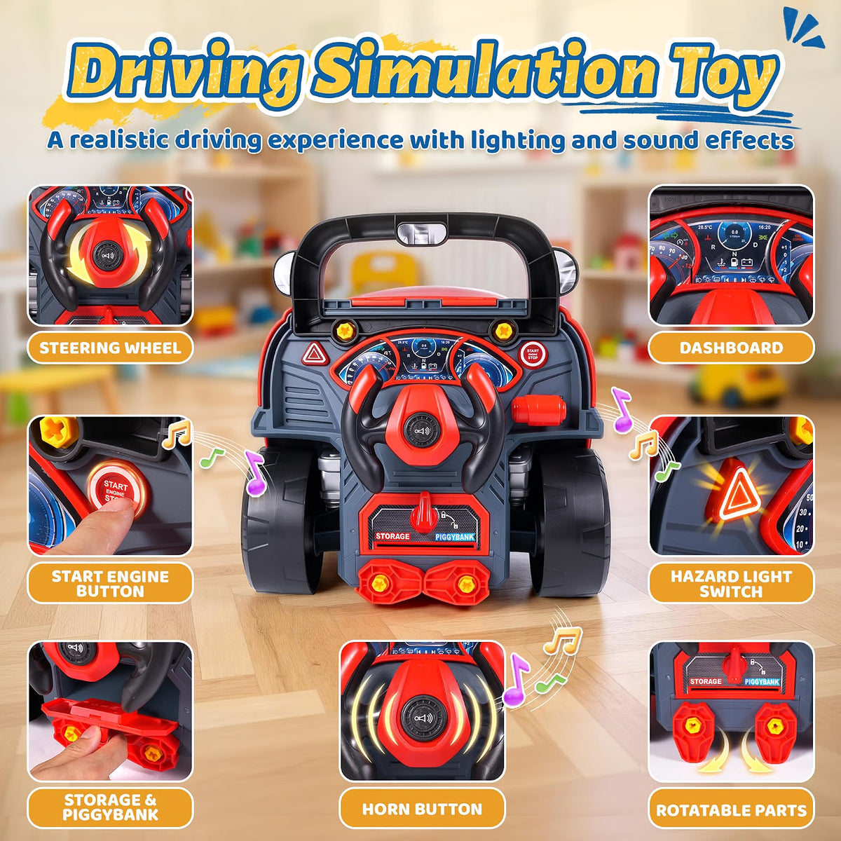 POFJOEQ Interactive Truck Engine Toy, Removable Parts Kids Mechanic Repair Set with Electric Drill, Lights & Sounds, Pretend Auto Service Station for Ages 3–5, Red