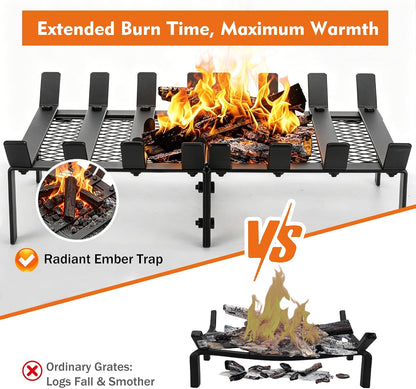 facka Fireplace Grate with Ember Retainer, 21" Heavy Duty Steel Fire Grate 8-Bar Fireplace Log Holder and Wood Stove Grate Rack for Indoor Hearth, Outdoor Fire Pit, Easy Assembly